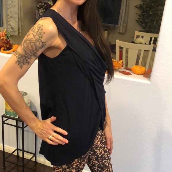 Strazzi small navy blue sleeveless long top with cowl neck & overlapped bottom - Picture 3 of 7